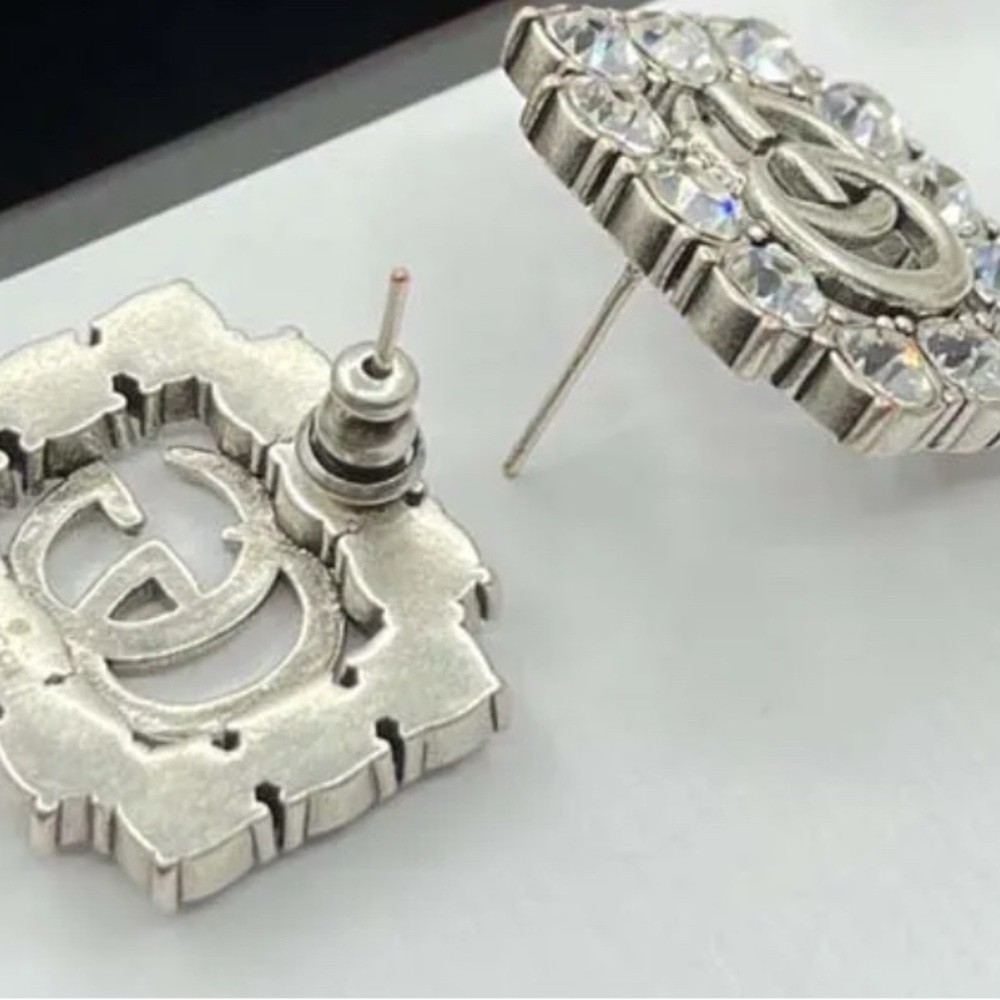 Gucci Silver Crystal Logo Earrings - Picture 3 of 9